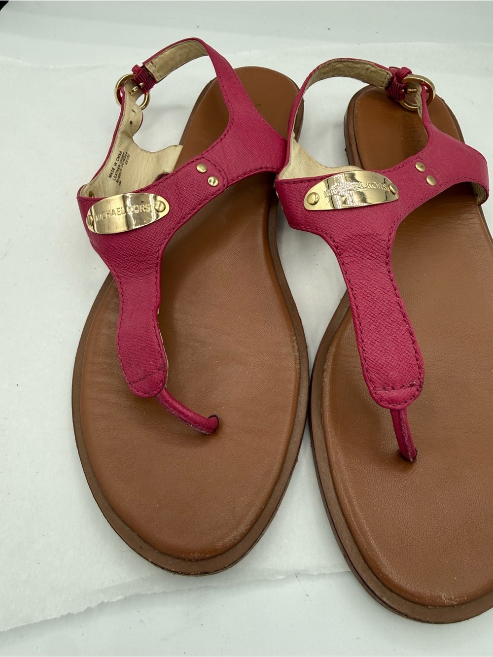 Michael Kors Hot Pink T-Strap Leather Sandals with Gold Plate